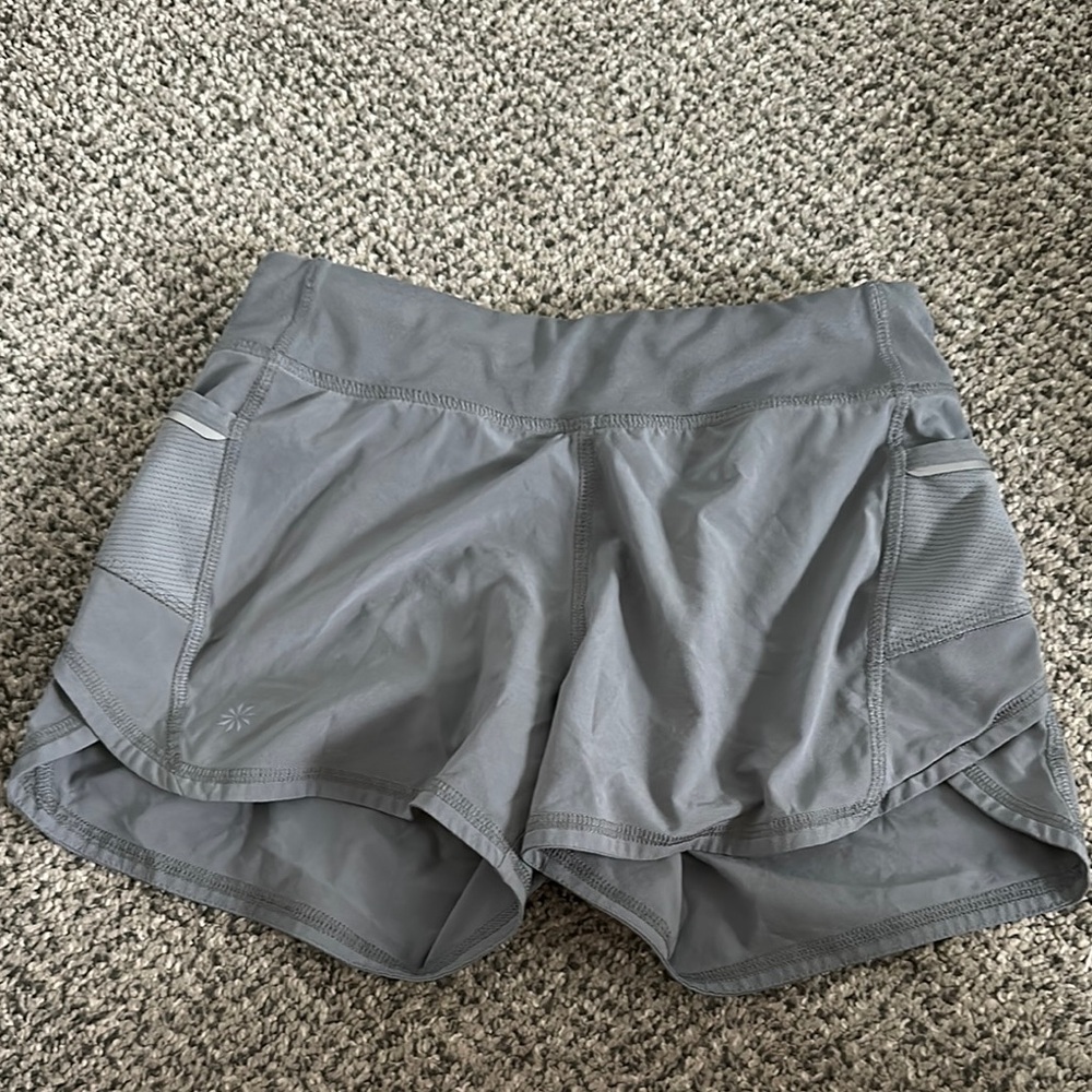 Athleta Gray Athletic Shorts with Compression Liner and Moisture-Wicking Fabric